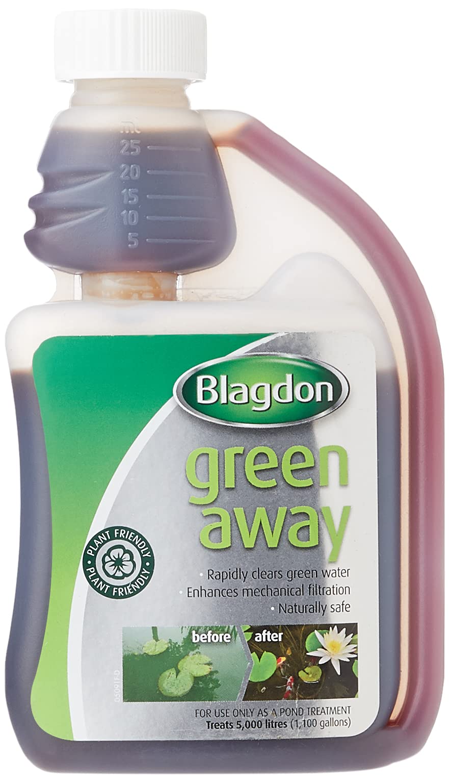 Blagdon Green Away Pond Water Treatment, Clears Green Water and Suspended Algae Particles, Natural, Plant Friendly, Safe for Fish, 250 ml, Treats 5,000 Litres of Water,package may vary
