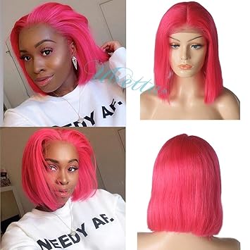 Amazon Com Straight Human Hair Short Bob Wig 10 Hot Pink Lace