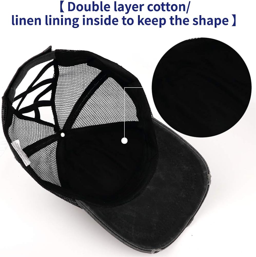 Womens Criss Cross Ponycap Distressed Messy High Bun Ponytail Baseball Cap Vintage Unconstructed Dad Hat Black at  Women’s Clothing store