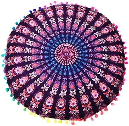 TwoYears Indoor Indian Mandala Floor Pillows Round Polyester Bohemian Cushion Cover Soft Pillows Cover Case Throw Pillow Hidden Zipper Closure Home Decor (Purple)
