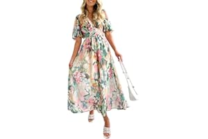 Maxigerui Women's Boho Floral Print Midi Dress Short Sleeve Summer Long Dress