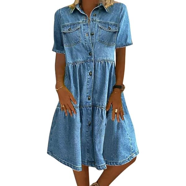 Robe D'Été En Jean Femme - Col En V, Longueur Genou, Poches, Forme Trapèze Décontractée (Couleur Unie)