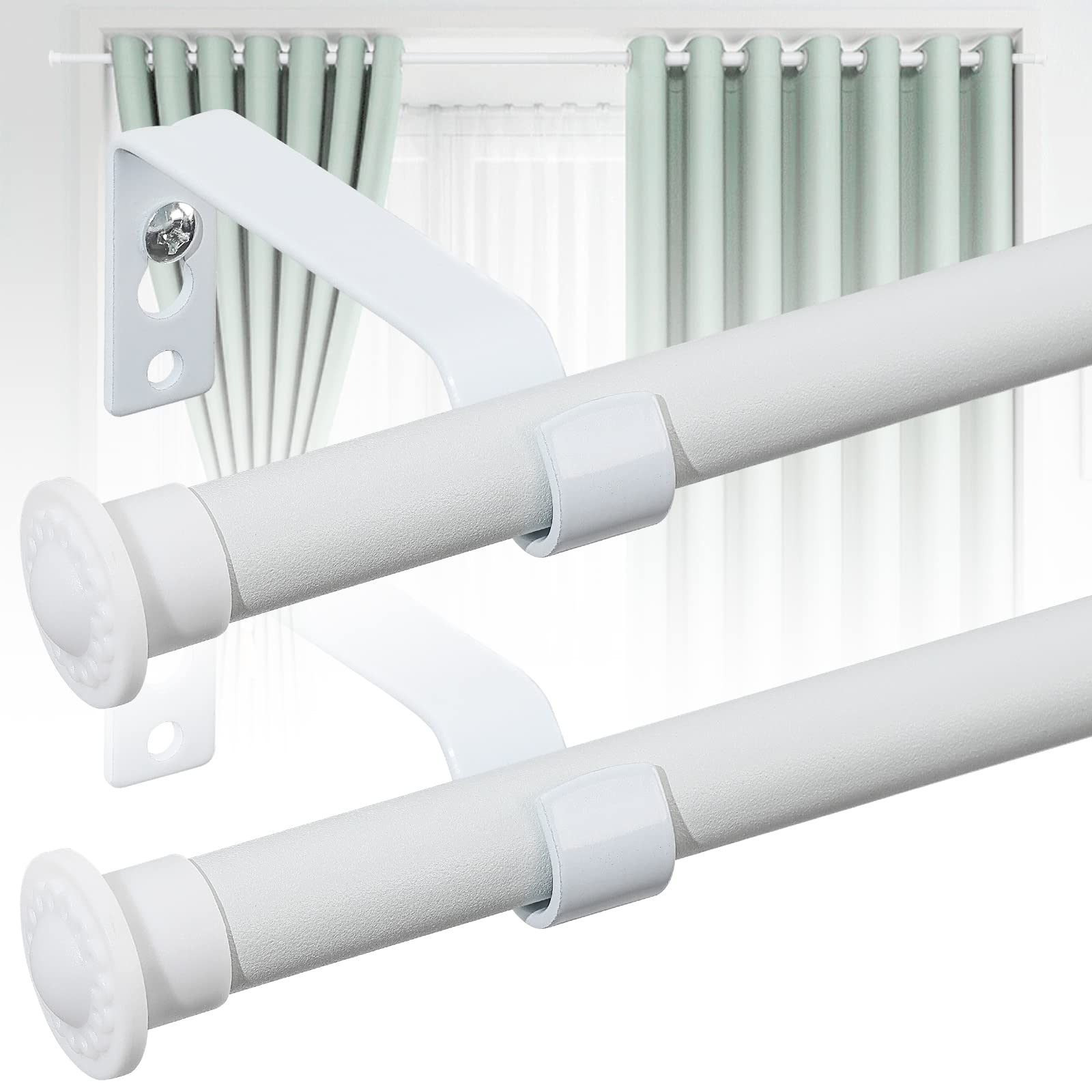 Harrms 2pcs Curtain Poles for Eyelet Curtains, 16mm Matt White Voile Curtain Pole 76-188cm, Curtain Rod Metal with Adjustable Brackets and Cap Finials for Bedroom, Living Room