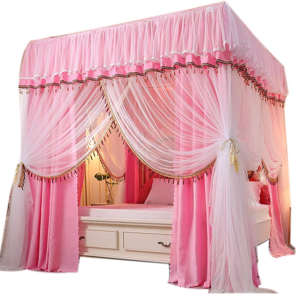Obokidly 2-in-1 Princess America Village Four Corner Post Bed Curtain Canopy with Mosquito Net Windproof Bed Canopy for Girls Boys Kids Gift Home Bedroom Decoration (Type2-Pink, California King)