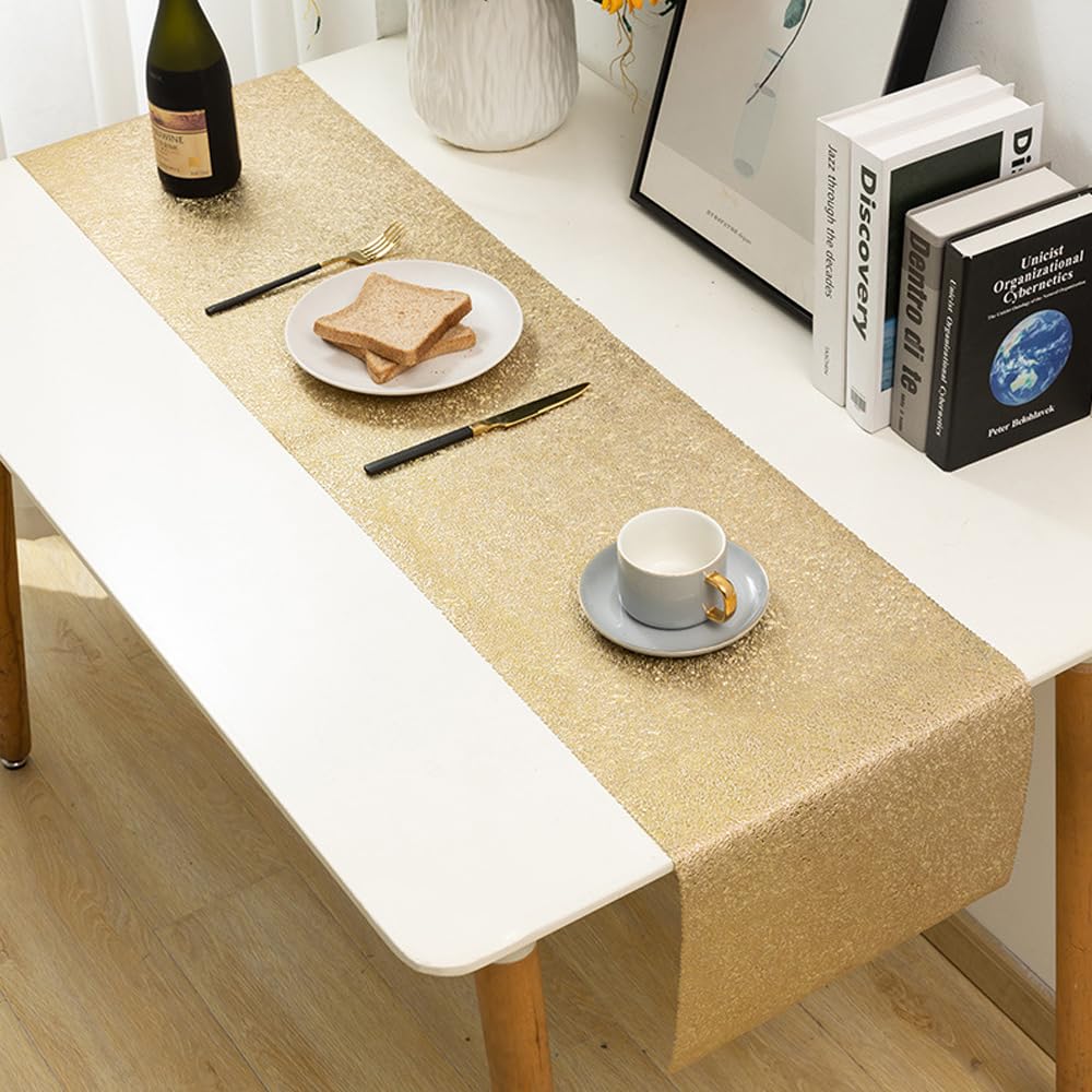 Hosoncovy Hollow Table Runner Non-slip Decorative PVC Table Mats Placemat Heat Resistant Mats for Home Party Kitchen Dining Wedding Decor (150CM X 33CM) (Gold)
