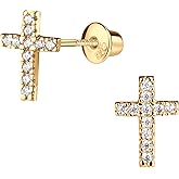 Cherished Moments Children's .925 Sterling Silver or Gold-Plated Cross Earrings with CZs and Safety Screw Backs for Baptism, Christening and First Communion Gifts for Girls