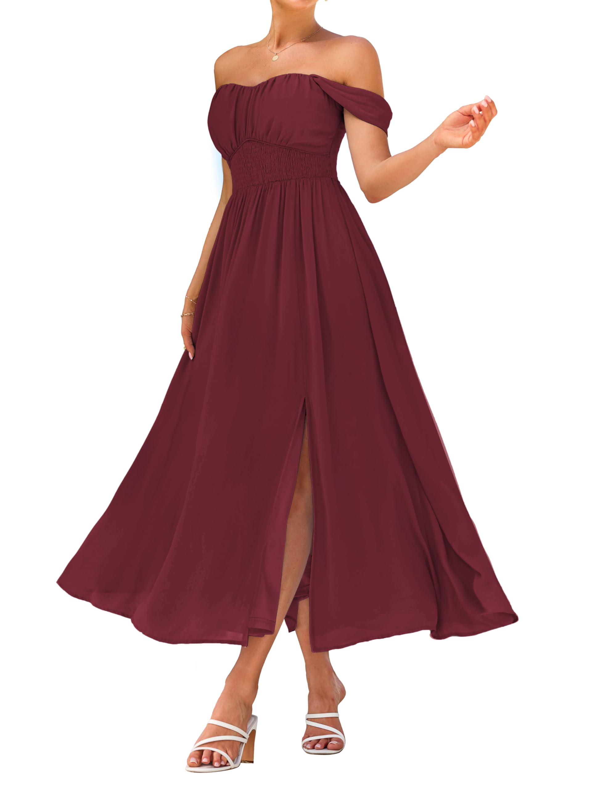 Photo 1 of (2XL) GRACE KARIN 2025 Women's Summer Sleeveless Off Shoulder Solid Flowy A Line Maxi Dresses Wine Red XXL