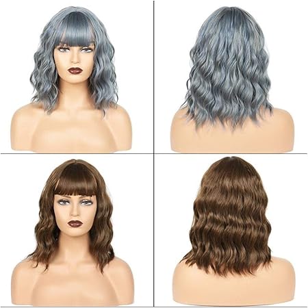 Amazon Co Jp Xinquan Wang ウィッグキャップのファッションの女性の本格ヘア肩の長さ茶色の髪とブルーグレーリネンの2色 Color B ビューティー