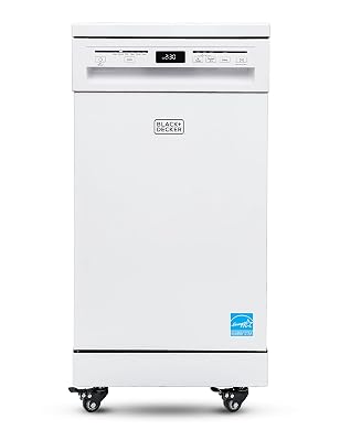 BLACK+DECKER 18” Portable Dishwasher, Compact Dish Washer with 8-Place Setting Capacity, Stainless Steel Tub, 6 Wash Programs, Worktop Space, Mobile Dishwasher with Casters, Faucet Connect, White