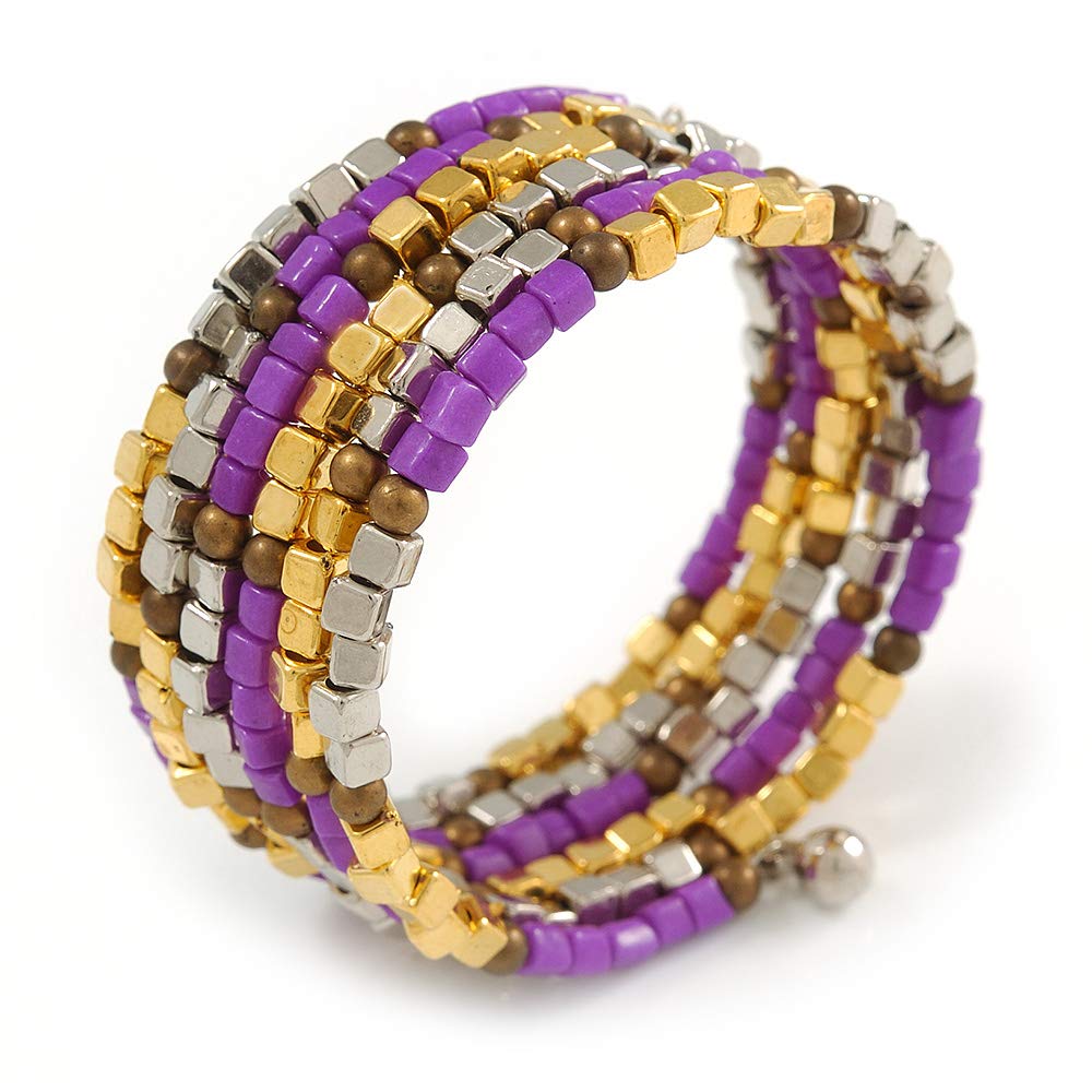 Avalaya Multistrand Glass, Acrylic Bead Coiled Flex Bracelet (Silver, Gold, Bronze, Purple) - Adjustable
