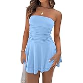 Women Sexy Tube Top Silk Dress Strapless Ruched Basque Waist Ruffle Layer Mini Dress Jumpsuit Party Dresses