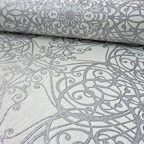 P&S International GMK Damask Swirl Pattern Wallpaper Glitter Motif Textured (White Silver 02465-30)
