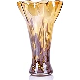 Hand Blown Glass Vase for Flowers, Murano Style Fluted Art Gold Amber Glass Vase, Wide Mouth Colorful Decorative Vase for Centerpieces, Home Decor for Living Room Dining Table Bookshelf Office