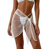 GORGLITTER Women's Sarong Swimsuit Cover Up Bachelorette Outfits for Bride | Sheer Mesh, Pearl Bathing Suit, Sarong Wrap, Bridal Bikini, Summer Vacation Beach Outfits
