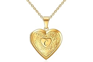 KunBead Gold Open Heart Picture Locket Pendant Necklace Letter A-Z Initial Photo Locket Necklaces for Picture-Stainless Steel