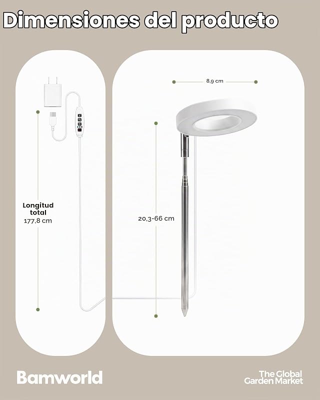 luz crecimiento plantas interior anillo LED espectro completo 380 800nm luces de crecimiento para plantas maceta altura ajustable grow light impermeable IP54 USB luz para plantas interior