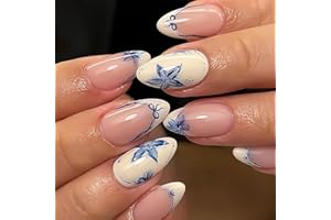 STBISEN French Short Press On Nails Almond, Nude Fake Nails with Beige French Tip and Graceful Blue Floral Petal Design, Glossy Gel Finish Acrylic Nails, Natural Reusable Glue On Nails Kit for Women, 24 Pcs