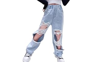 NABER Kids Girls Elastic Waist Cool Ripped Jeans Washed Denim Wide Leg Ripped Denim Jean Age 5-15 Years