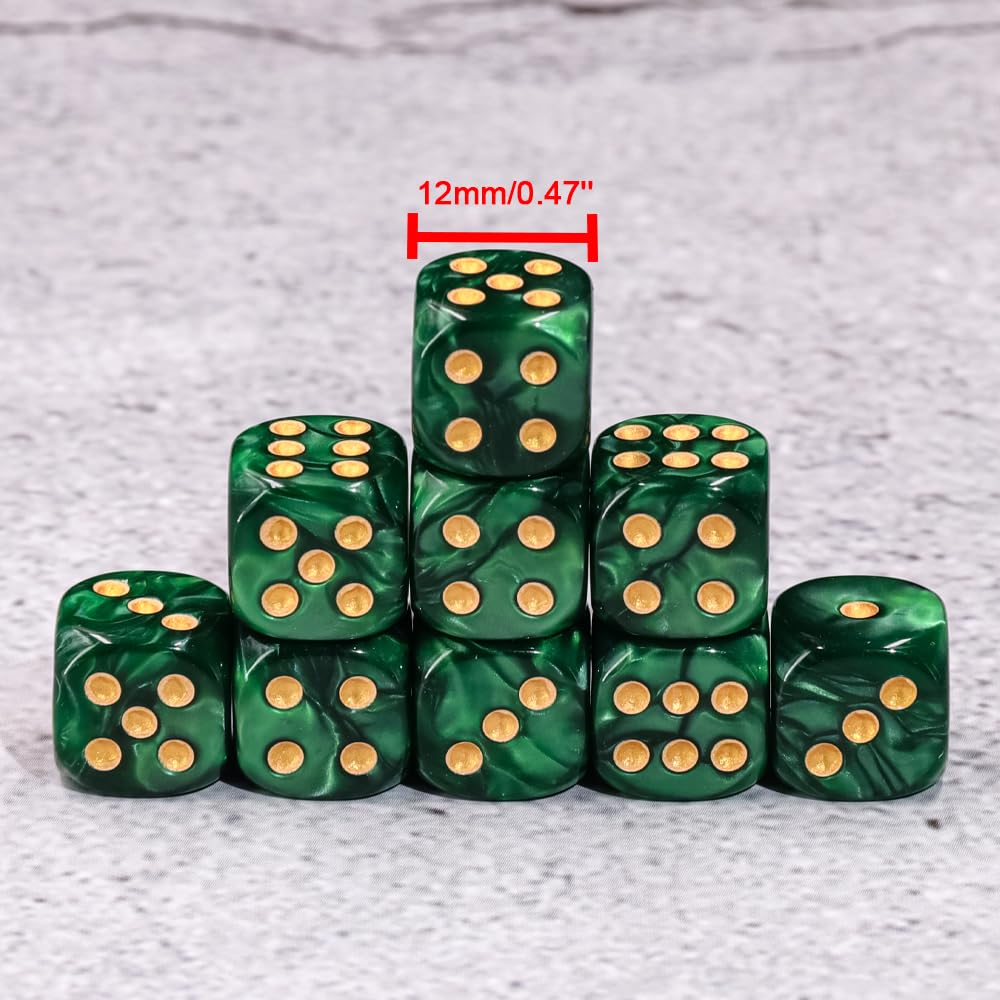 36 of Pack 12MM 6 Sided MINI Dice Set,Pearl Pattern Game Dice Set, 6 Sided Standard Dices for Yahtzee, Bunco or Teaching Math,with Portable Plastic Box(Green Pearl)