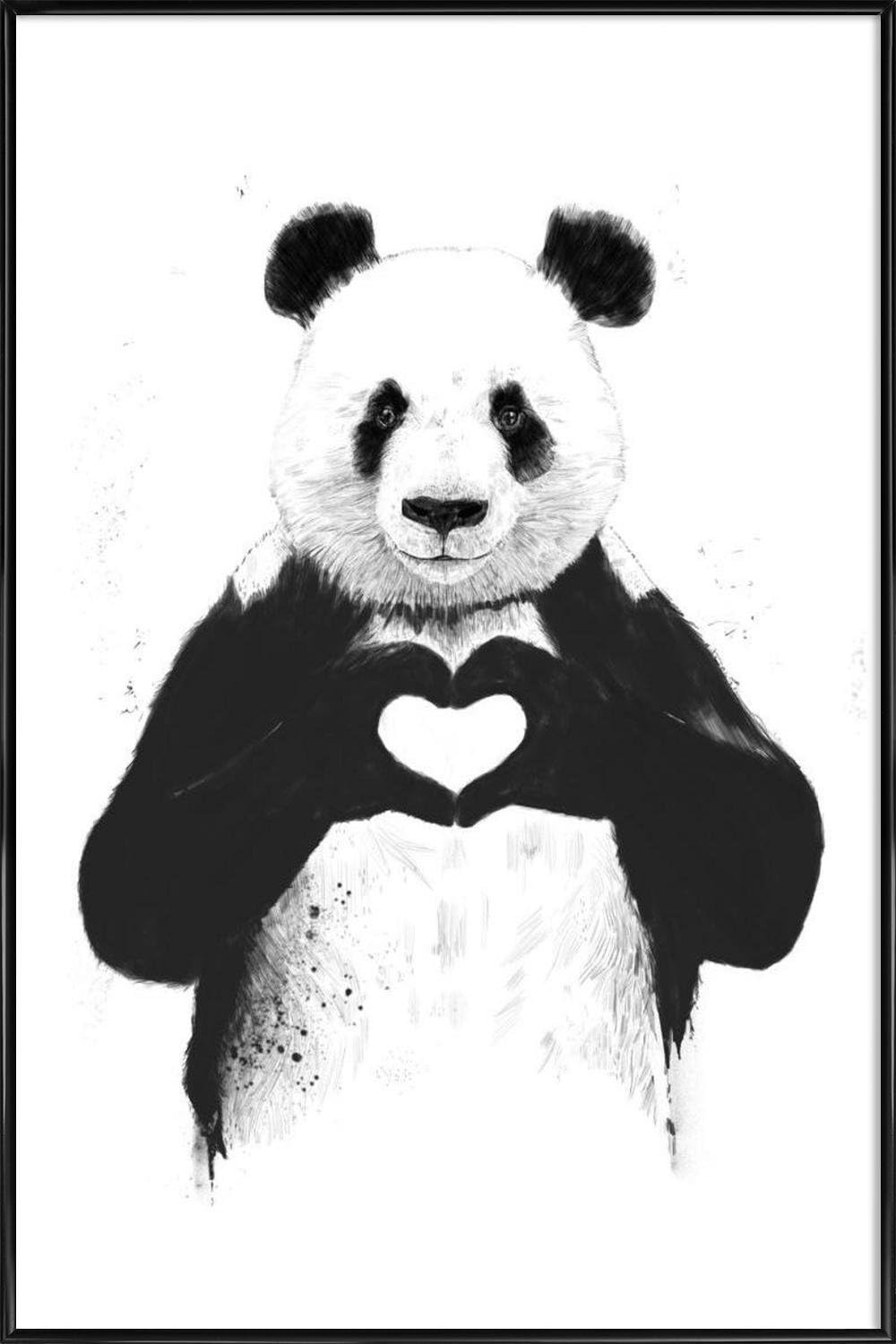 Juniqe Design All You Need Is Love - Pandas Poster in Standard Frame 60x90cm in Black & White - Designed by Balázs Solti