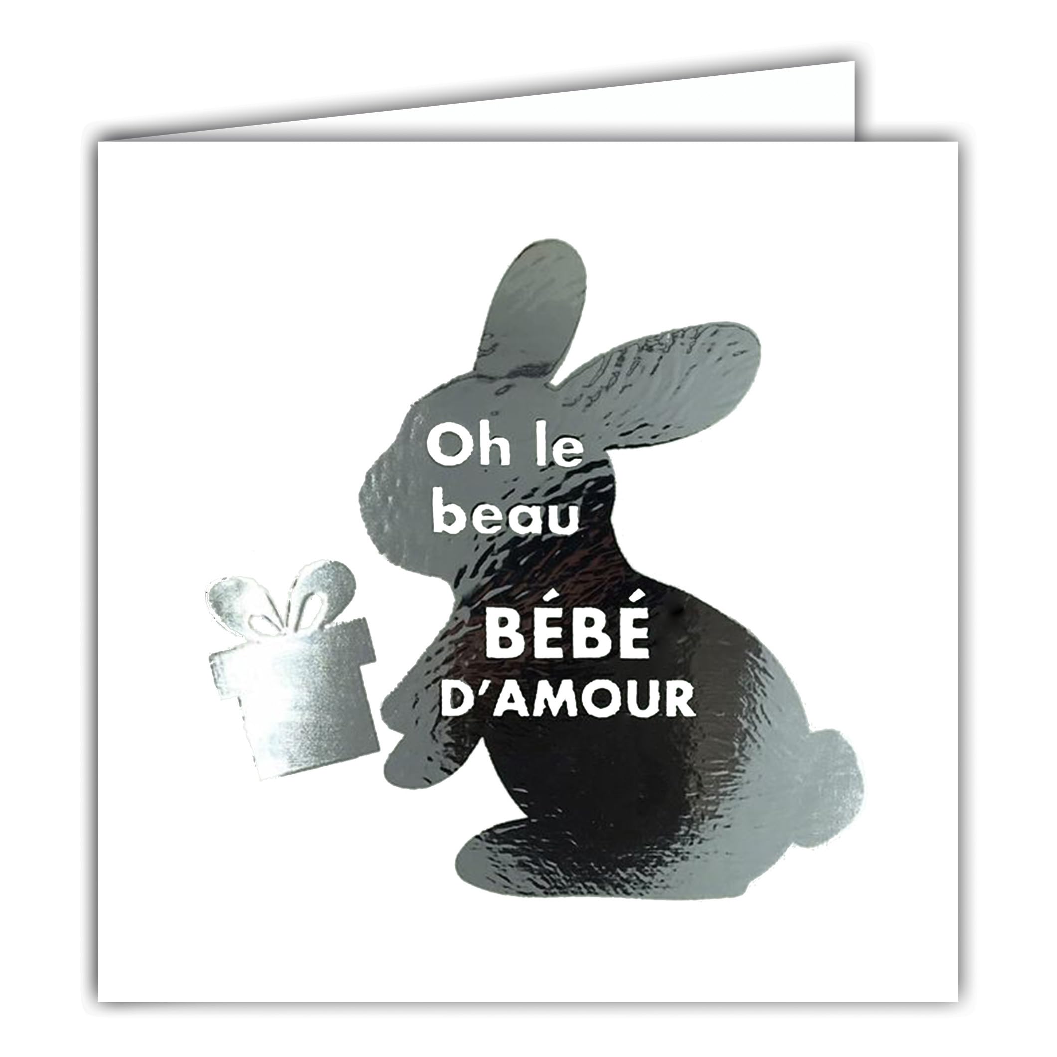 22243 Square Card Congratulations Oh the Beautiful Baby of Love Welcome Birth or Adoption Child Small Shiny Silver Rabbit Holding a Gift with White Envelope 15 x 15 cm Made in France
