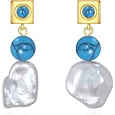 Turquoise Dangle Earrings 14K Gold Plated Sterling Silver Boho Earrings with Cultured Pearl Drop Jewelry Gift for Women