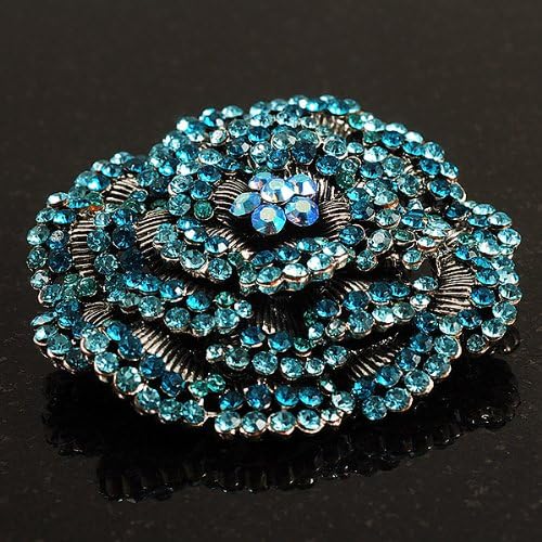 Spectacular Aqua Blue Dimensional Rose Brooch (Antique Silver Tone), grey, cyan / aqua, light blue - Image 5