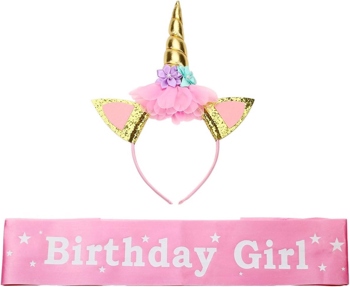UANDME Unicorn Headband and Birthday Girl Sash Set, Gold Glitter Unicorn Horn & Satin Sash for Birthday Unicorn Party Supplies, Favors and Decorations