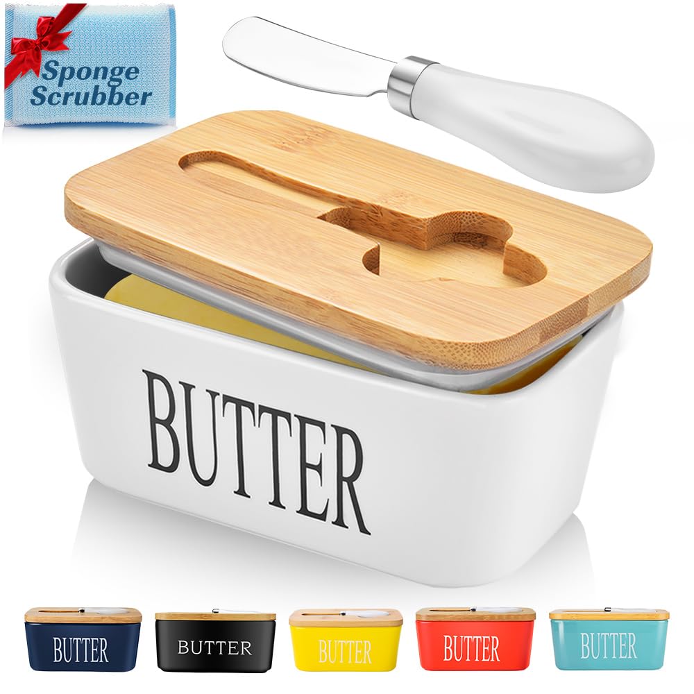 Photo 1 of Butter Dish with Lid, Large Butter Container for Countertop, Ceramic Butter Holder for Counter, Butter Tray Butter Keeper with Knife and Sponge Scrubber, Perfect for 2 Sticks of Butter, White