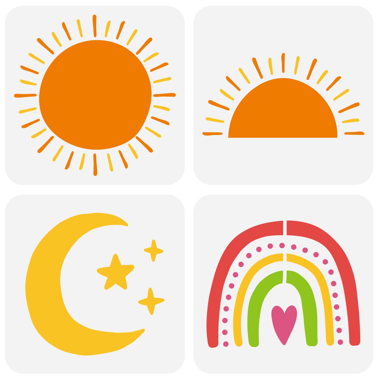 FINGERINSPIRE 4 pcs Boho Sun Stencil for Drawing 20x20cm Reusable Sun Moon Star Painting Stencil DIY Craft Art Rainbow Pattern Template for Wall, Wood, Furniture, Scrapbook Painting