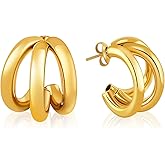 FidelongJH 18K Gold Plated Triple Hoop Earrings for Women, Lightweight Hypoallergenic Layered Gold & Silver Huggie Earrings, Trendy Minimalist Hoops for Daily Commute, Versatile & Ideal for Gifting