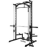 RitFit Smith Machine Power Rack with LAT-Pull Down System | Half Smith Machine with Landmine, Barbell Bar, Plate Storage Pegs and More Training Attachment