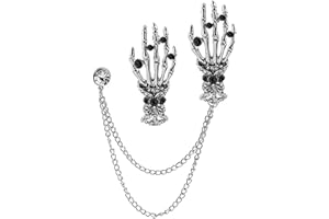 WCRAZYE 2PCS Vintage Skeleton Hand Long Chain Lapel Pin for Women Men Gothic Punk Brooch Retro Crystal Skeleton Skull Collar Pin Halloween Gifts