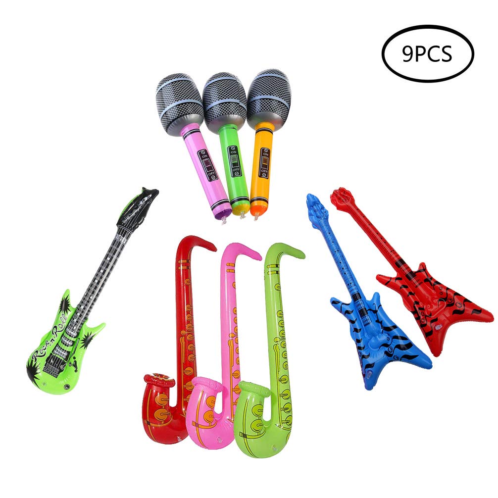 Wenosda 9pcs Inflatables Guitar Saxophone Microphone Musical Instrument for Party Decoration Prop (9pcs Random Color)