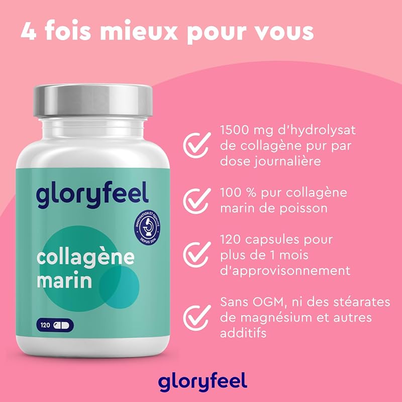 Collagene Marin Pur (Type 1) 1500mg Hautement Dosée, 120 Capsules d'Hydrolysat de Collagène, 100% Collagène Naturel, Facilement Absorbé, Sans Arômes et Additifs