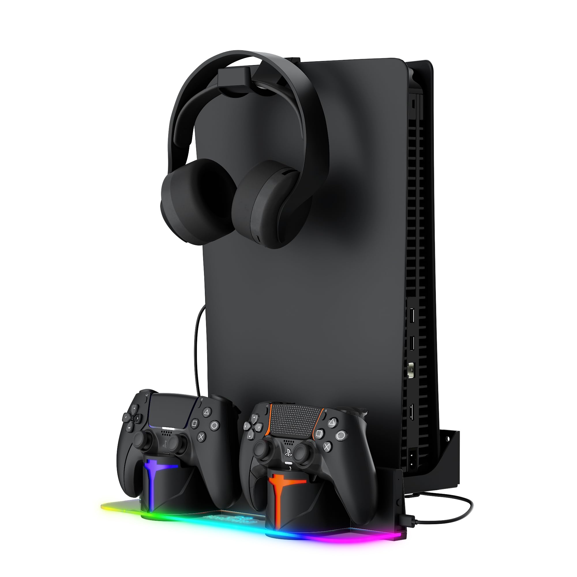 Hosanwell PS5 Wall Mount Kit with Charging Station,Compatible with PlayStation 5 and PS5 Slim and Pro,2 Hours Fast Charging,Dual Use Charging Station with Multi-Mode RGB Light,Black