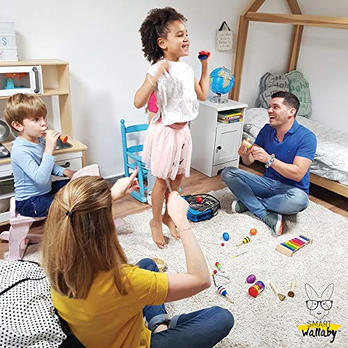 SMART WALLABY 26 pc. Toddler Musical Instruments Set + Bonus Puzzle Matching Game | Wooden Toys Educational Percussion Kit with Xylophone and Storage Backpack. Big Band