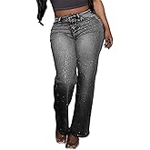 Kwunbwa Womens Rhinestone Jeans Baggy High Waisted Wide Straight Leg Y2K Bling Sparkly Glitter Denim Pants Streetwear