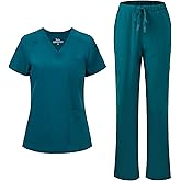floralhue Scrubs for Women, V-Neck Scrubs Top & Cargo Pants with 12 Pockets, Yoga Waistband, 4 Way Stretch