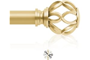 TVWOO Gold Decorative Farmhouse Curtain Rods:36-88" Adjustable Heavy Duty Single Window Curtain Rod for Bedroom Living Room,Brass Gold Boho Rustic Drapery Rods with Vintage Twist Finial Easy Install