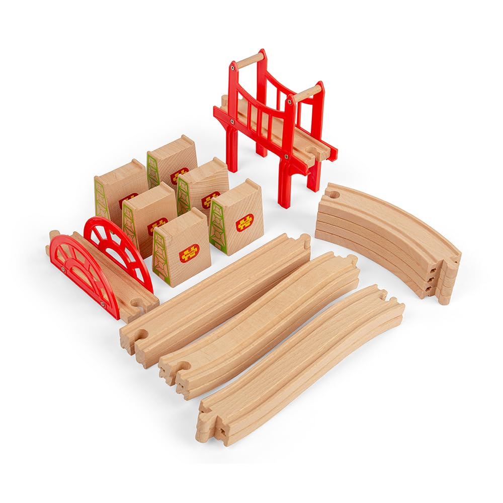 Bigjigs Rail Bridge Expansion Set - 25 Piece Wooden Train Track Expansion Pack for Train Sets, Quality Bigjigs Train Accessories, Compatible with most major Wooden Railway Brands