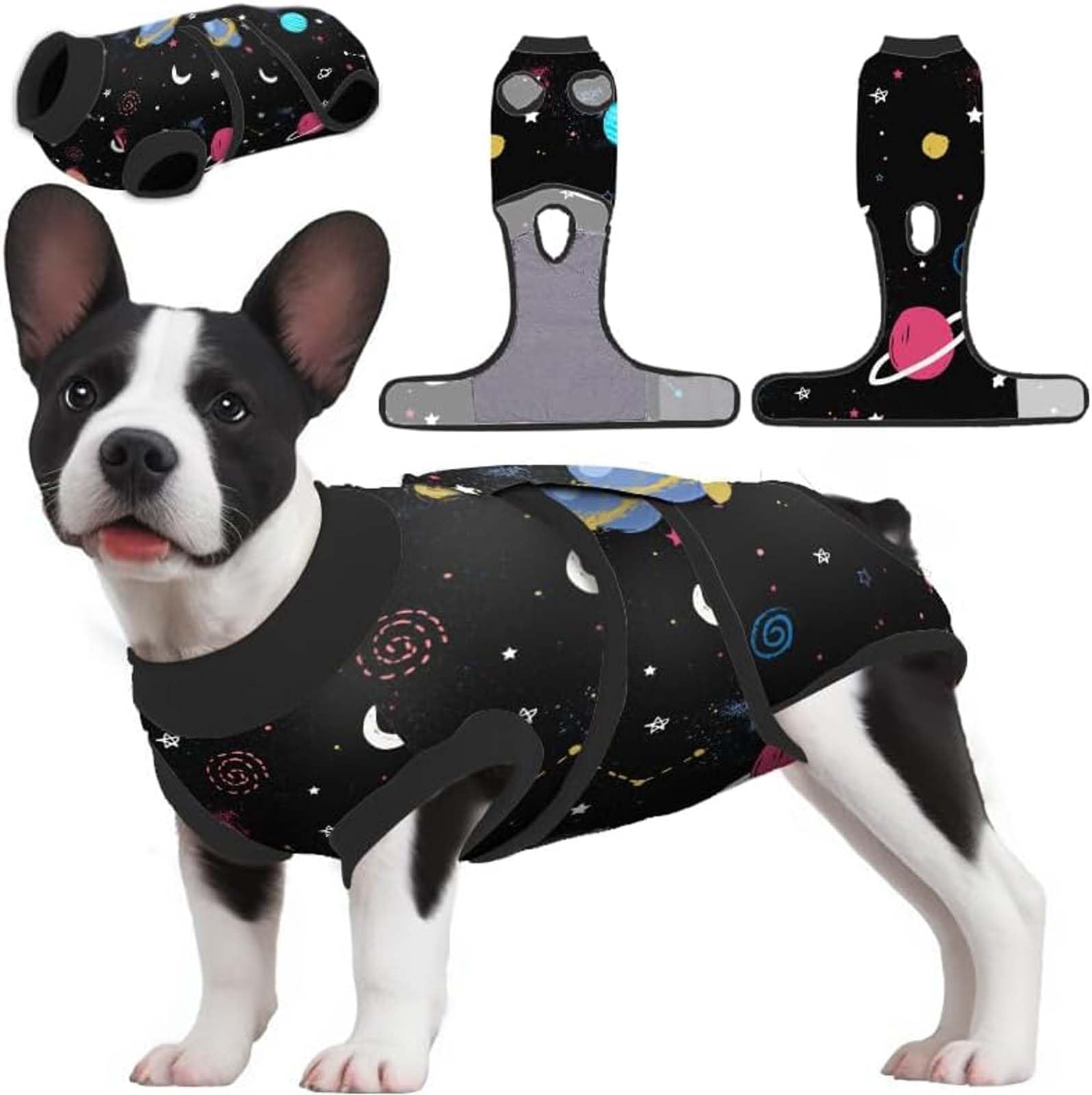 Photo 1 of *small* PetWarm Surgery Suit for Dogs, Recovery Suit for Female Dogs, Professional Pet Recovery Shirt Dog Abdominal Wounds Bandages Prevent Licking Dog Bodysuit Post Surgery, Galaxy Pattern, Black, S