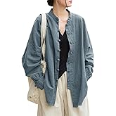 Aeneontrue Women's Linen Oversized Blouses Vintage Long Sleeve Jackets Loose fit Chinese Frog Shirts