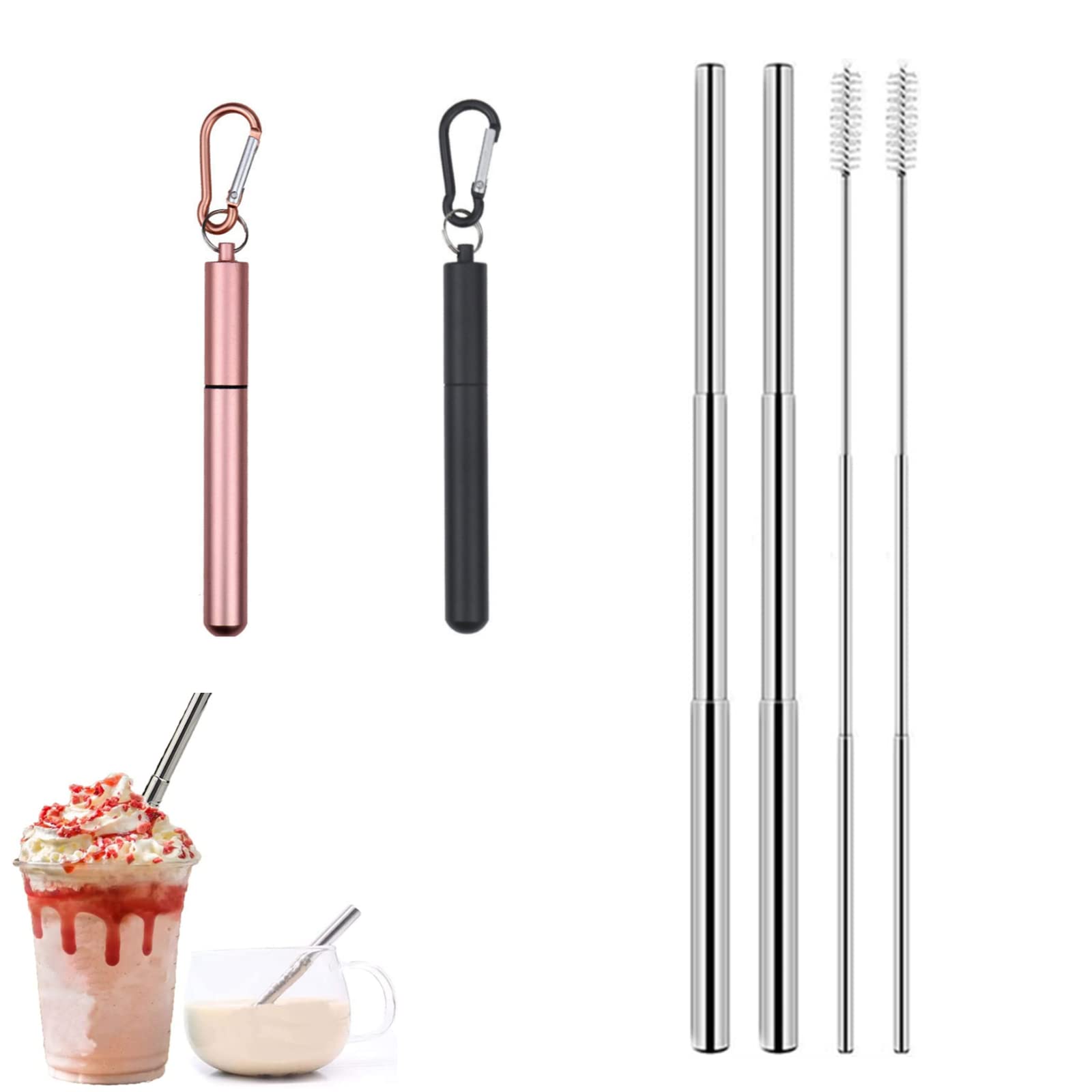 2 Pack Stainless Steel Telescopic Straw Collapsible Straw Reusable Portable Drinking Straws with Aluminum Key-Ring Case Cleaning Brush for Travel Home Work