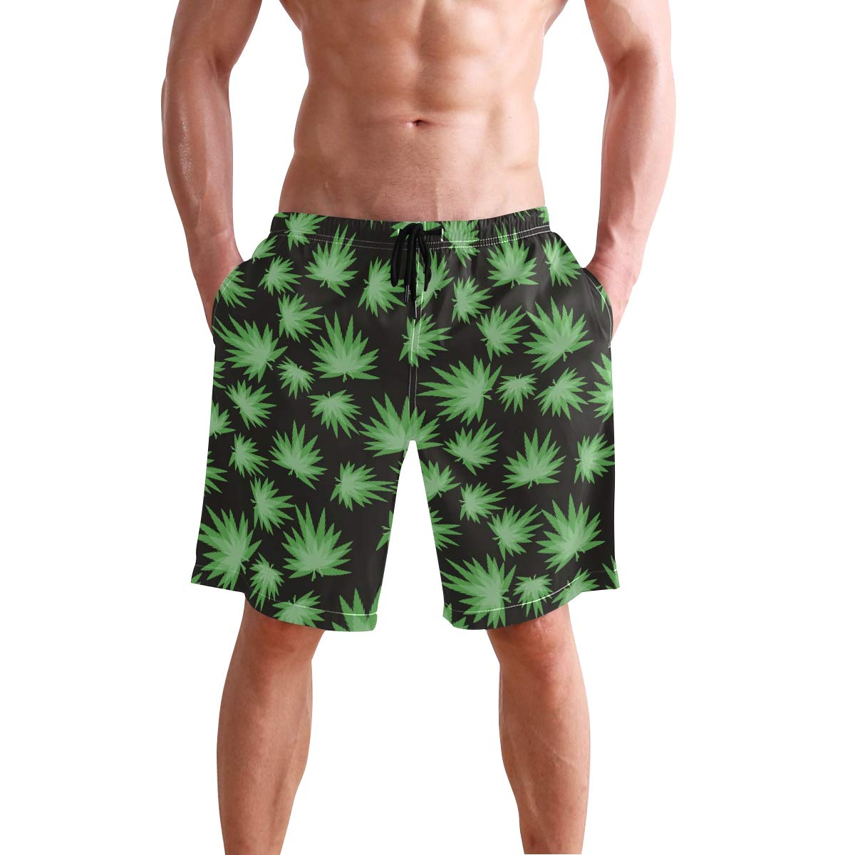 stoner420 Men's Beach Swim Trunks Green Marijuana Leaf Boxer Swimsuit