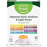 Amazon Fresh Espresso Dark, Medium &amp; Light Roast Aluminum Capsules, Variety Pack, Compatible with Nespresso Original Brewers, 100 Count (10 Packs of 10)