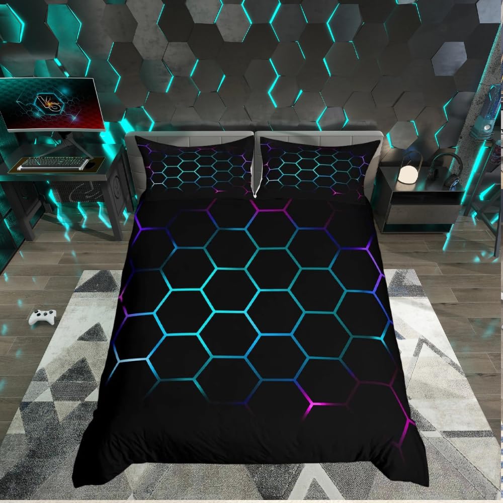 Loussiesd 3D Honeycomb Duvet Cover Bedding Set for Kids Boys Girls Hexagon Artwork Bed Cover Purple Blue Teal Black 3Pcs King Size