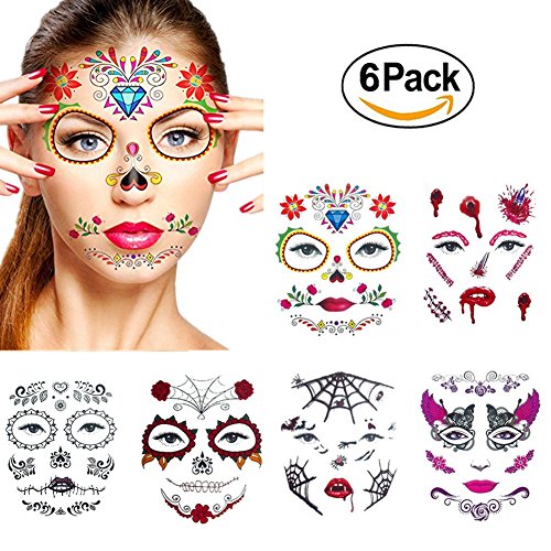 Halloween temporary face tattoos,wenmei skull scar spid…