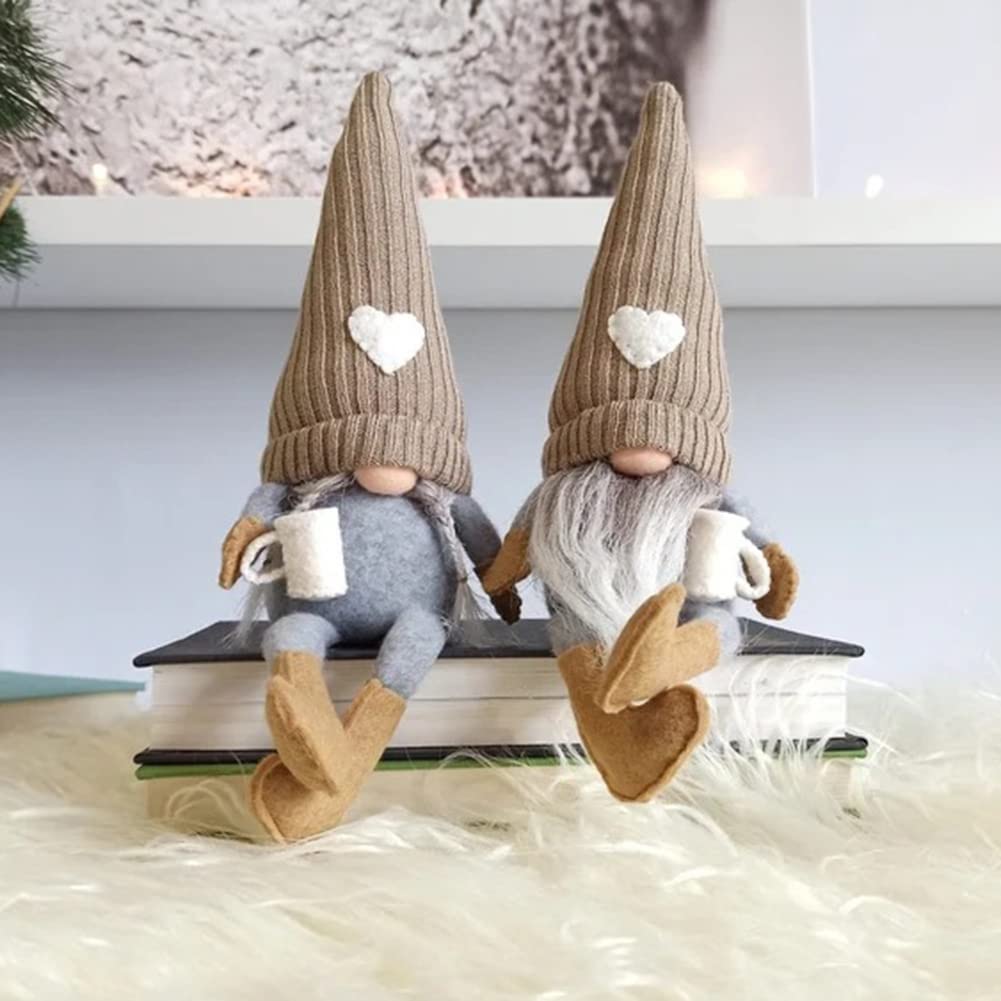 JstDoit 2 Pcs Coffee Gonk Gnomes Plush Bar Decor, Handmade Swedish Tomte Gnomes Gifts Farmhouse Scandinavian Figurine Gnome for Home Kitchen Coffee Station Table Shelf Decor (Brown)