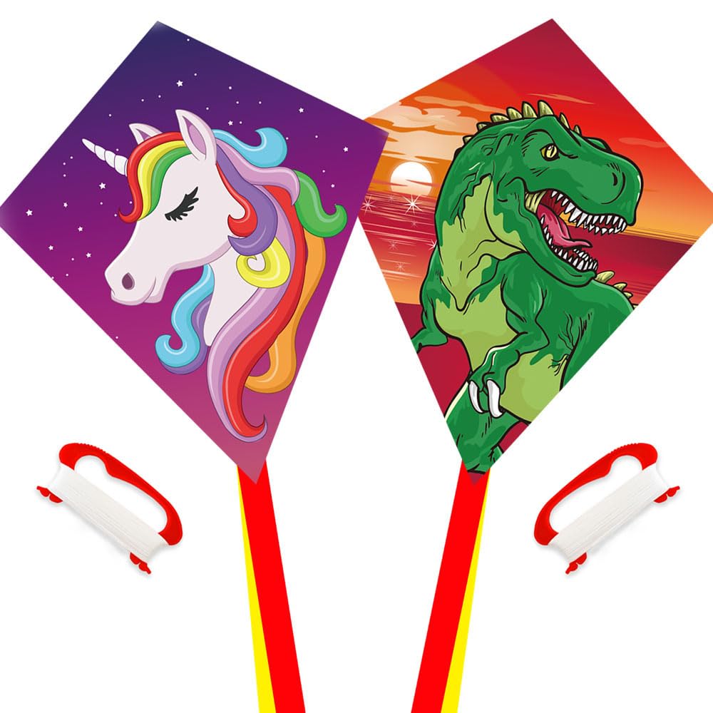 Diamond Kite 2-Pack: Dinosaur & Unicorn Eddy Kites, Beginner-Friendly for Kids 3+, 60x70cm with 2x300cm Tails, Handle & 60m String with Swivel